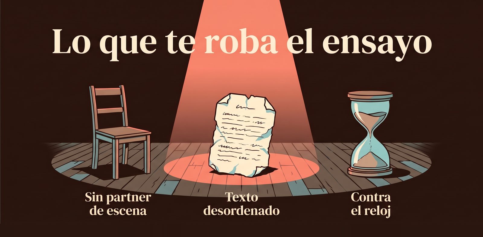 Lo que te roba el ensayo: un escenario vacío con una silla sin nadie (sin partner de escena), un guion arrugado (texto desordenado) y un reloj de arena (contra el reloj).